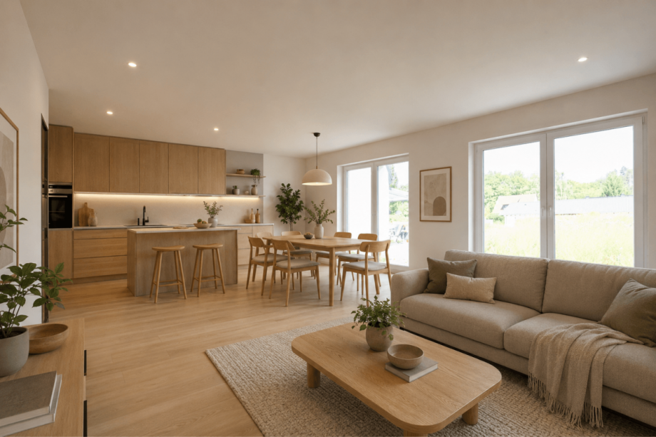 Wohnzimmer, visualisiert Doppelhaush�lfte Frankenblick